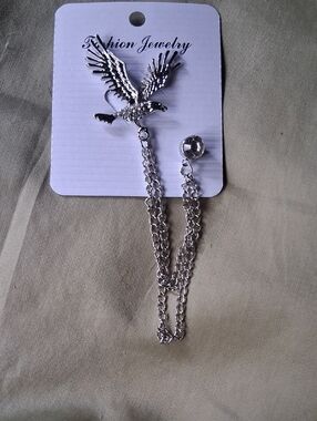 NWT! Fashion Jewelry Silver Eagle Chain Brooch with Crystal Accent